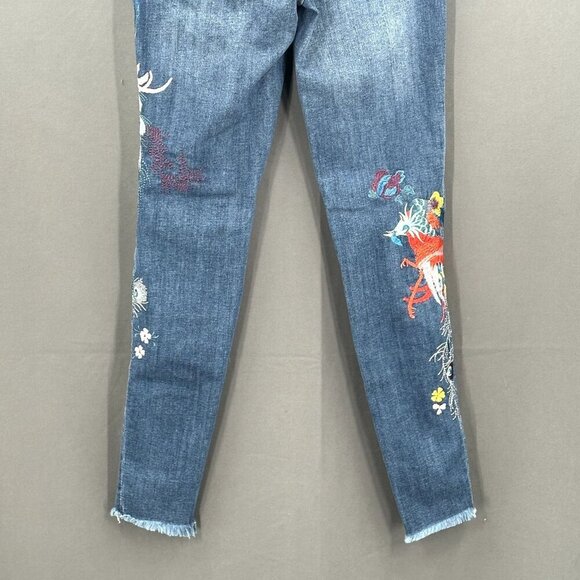 Free People Jeans Women 25 Embroidery Peacock Floral Raw Hem Mid Rise Denim Boho - Picture 6 of 11